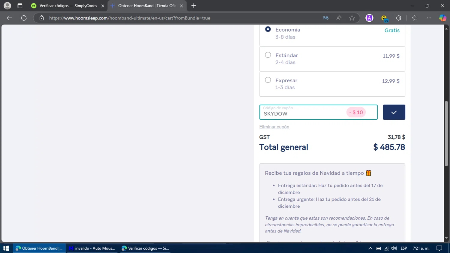 HoomBand promo code screenshot showing code SKYDOW applied at HoomBand checkout page. Uploaded by SimplyCodes community member Billy2222 on May 2, 2025
