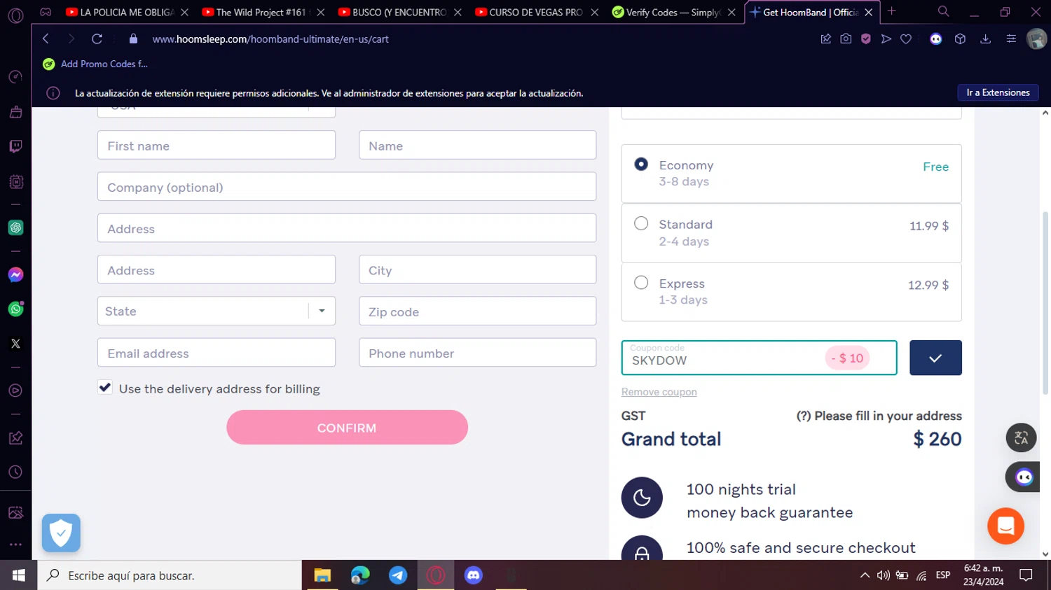 HoomBand checkout page showing HoomBand promo code box | Screenshot taken by SimplyCodes community member on Apr 23, 2024