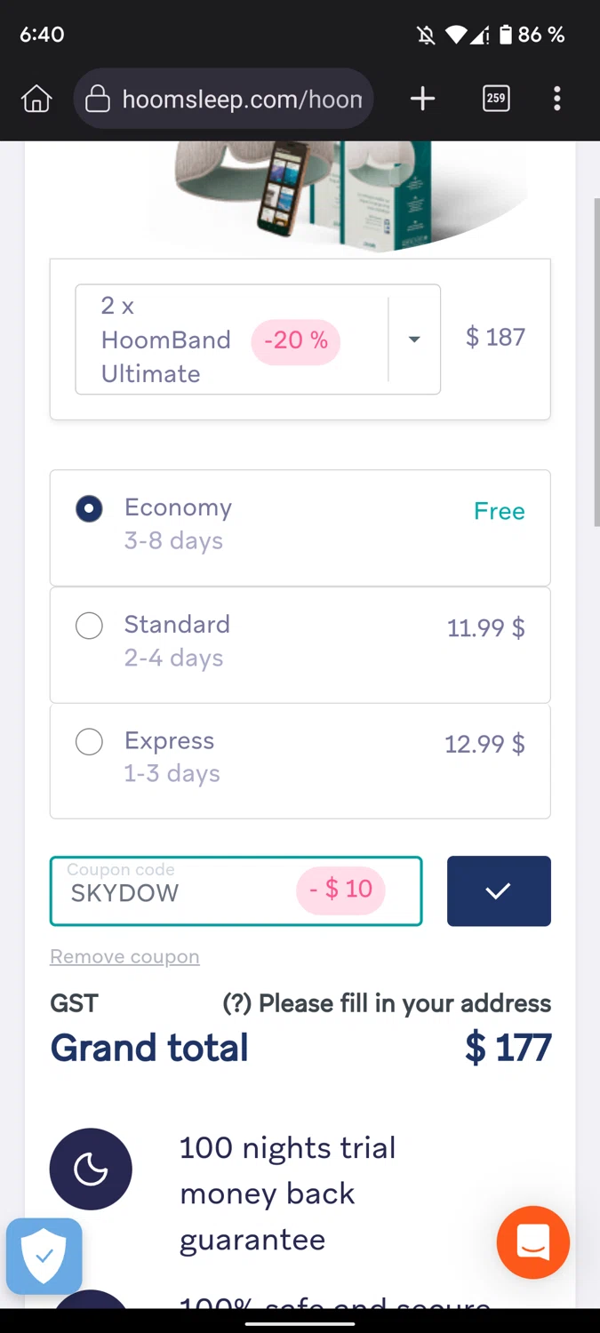 HoomBand checkout page showing HoomBand promo code box | Screenshot taken by SimplyCodes community member on Jul 19, 2024
