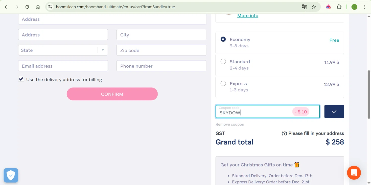 HoomBand promo code screenshot showing code SKYDOW applied at HoomBand checkout page. Uploaded by SimplyCodes community member ShrewdChaser7973 on May 2, 2025