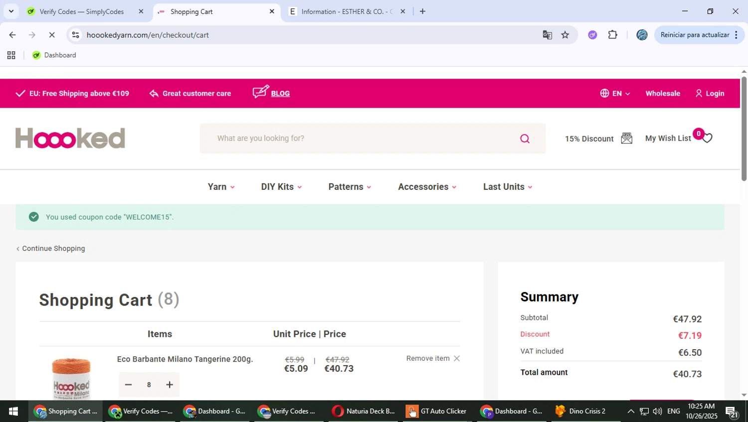 Hoooked discount code screenshot showing code WELCOME15 applied at Hoooked checkout page. Uploaded by SimplyCodes community member PokeGOAT on Oct 26, 2025