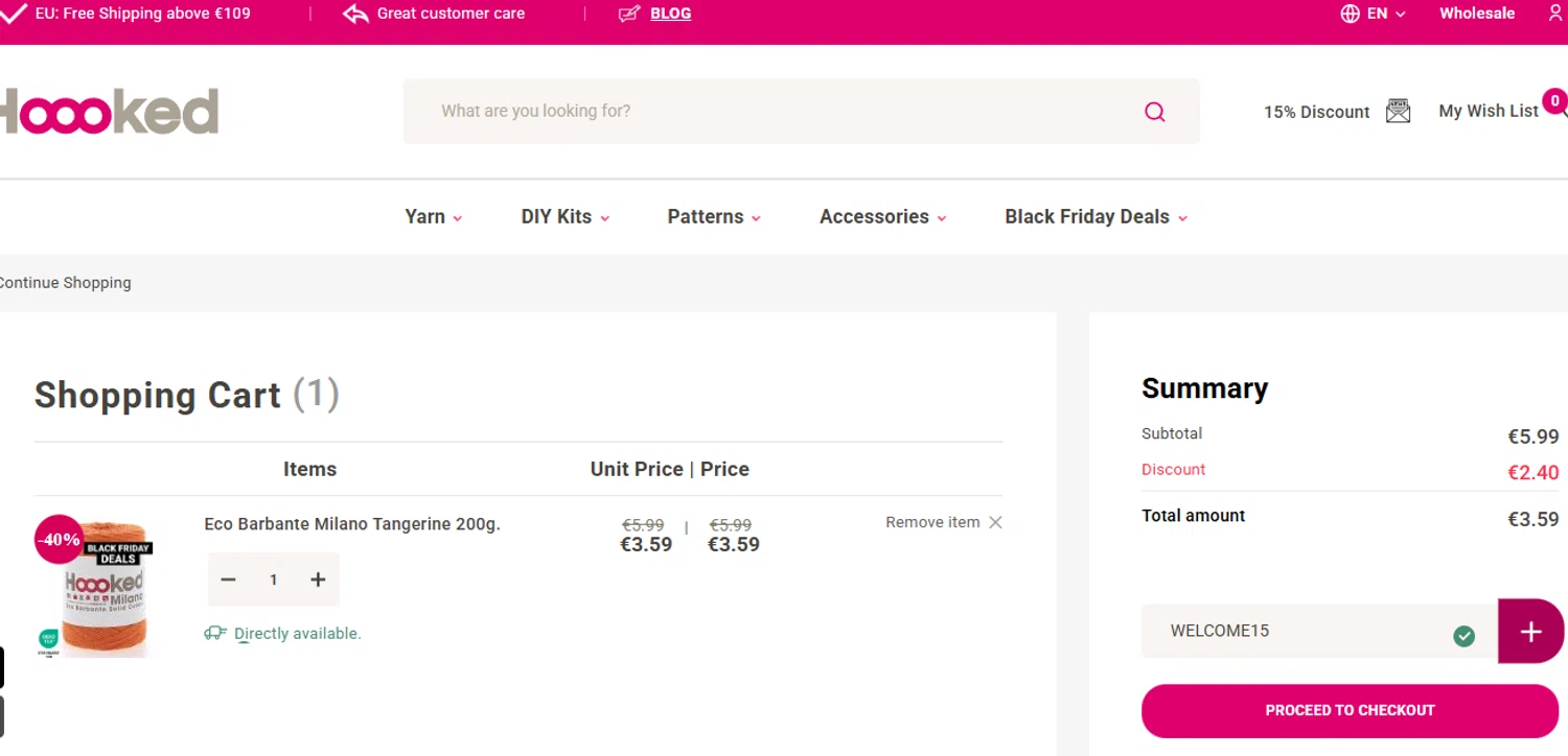 Hoooked discount code screenshot showing code WELCOME15 applied at Hoooked checkout page. Uploaded by SimplyCodes community member Olorinnnnn on Nov 25, 2025