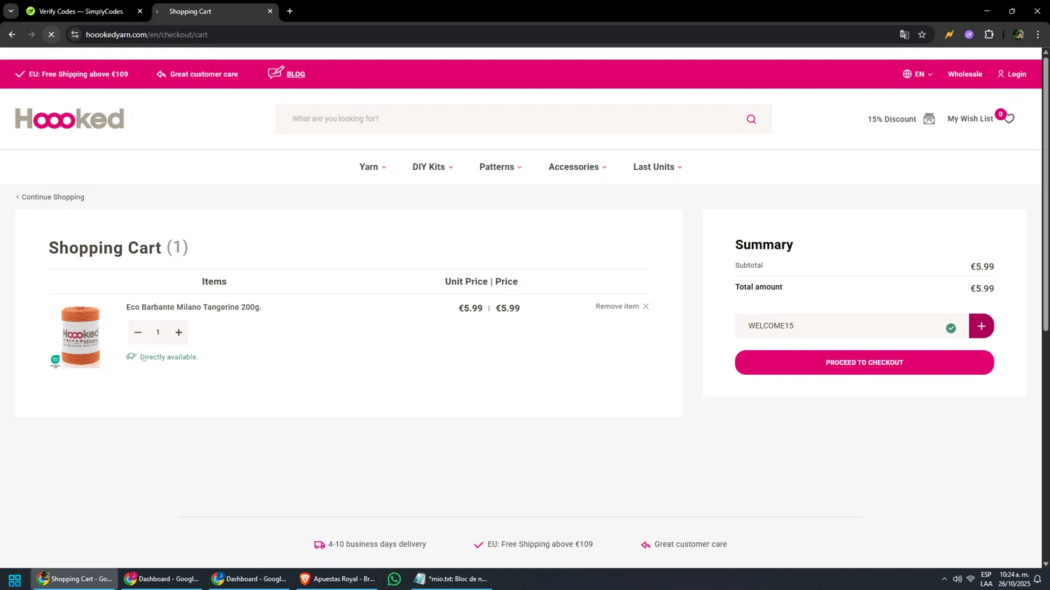 Hoooked discount code screenshot showing code WELCOME15 applied at Hoooked checkout page. Uploaded by SimplyCodes community member yonaiker on Oct 26, 2025