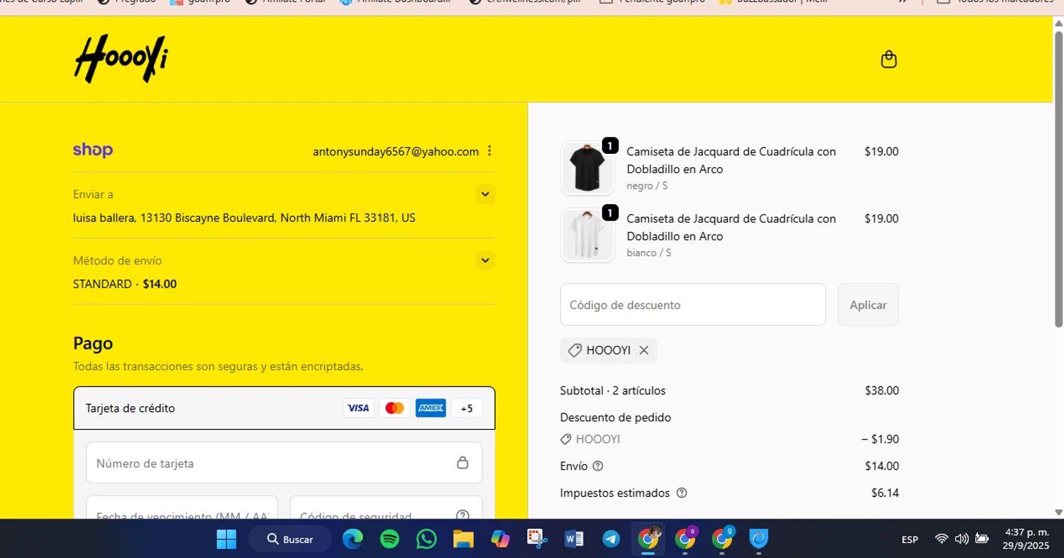 HOOOYI discount code screenshot showing code HOOOYI applied at HOOOYI checkout page. Uploaded by SimplyCodes community member luisaballera on Sep 29, 2025