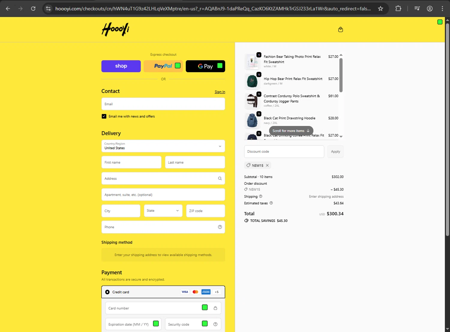 HOOOYI discount code screenshot showing code NEW15 applied at HOOOYI checkout page. Uploaded by SimplyCodes community member Jeremi on Nov 4, 2025