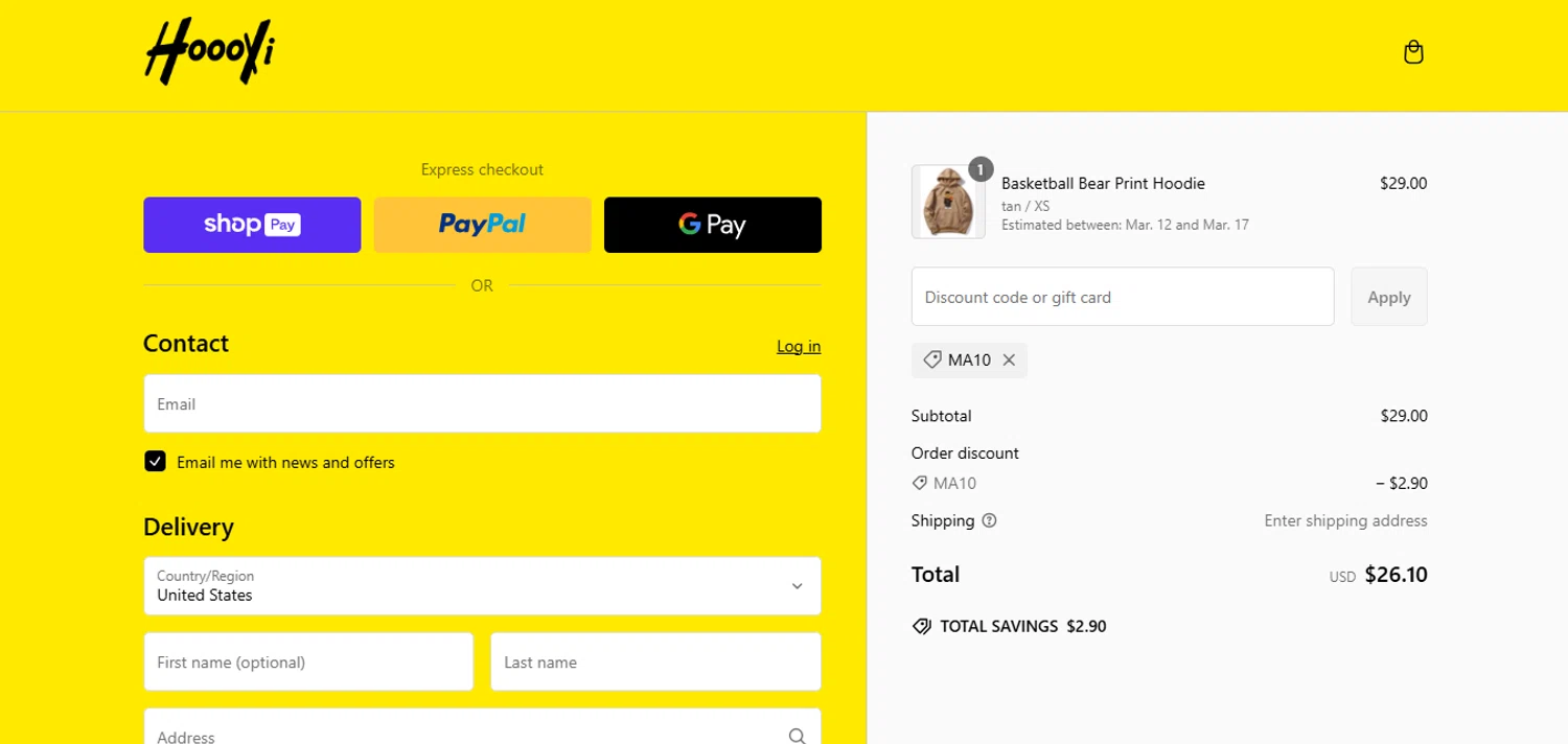 HOOOYI discount code screenshot showing code MA10 applied at HOOOYI checkout page. Uploaded by SimplyCodes community member LukaModric10 on Feb 25, 2025