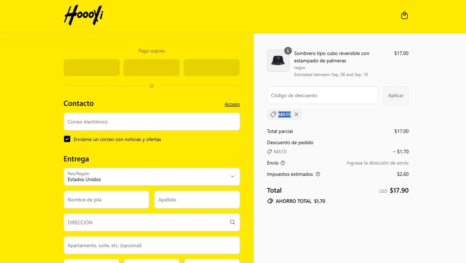 HOOOYI discount code screenshot showing code MA10 applied at HOOOYI checkout page. Uploaded by SimplyCodes community member Marboroooooooooooo on Aug 27, 2025