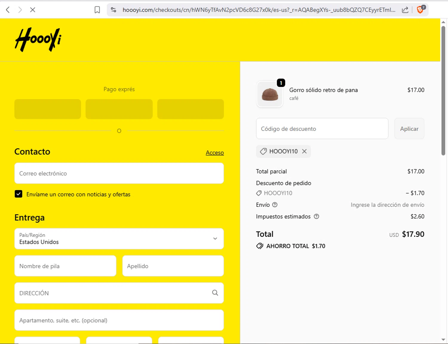HOOOYI discount code screenshot showing code HOOOYI10 applied at HOOOYI checkout page. Uploaded by SimplyCodes community member user1998 on Dec 29, 2025
