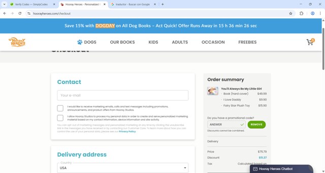 Hooray Heroes checkout page showing Hooray Heroes promo code box | Screenshot taken by SimplyCodes community member on Aug 16, 2025