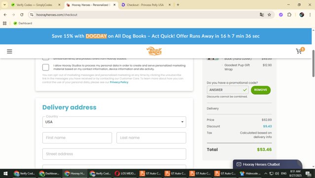 Hooray Heroes checkout page showing Hooray Heroes promo code box | Screenshot taken by SimplyCodes community member on Aug 27, 2025