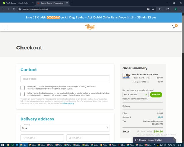 Hooray Heroes checkout page showing Hooray Heroes promo code box | Screenshot taken by SimplyCodes community member on Aug 25, 2025