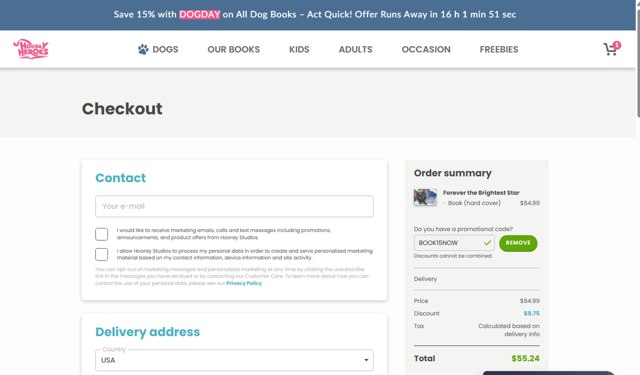 Hooray Heroes checkout page showing Hooray Heroes promo code box | Screenshot taken by SimplyCodes community member on Sep 5, 2025
