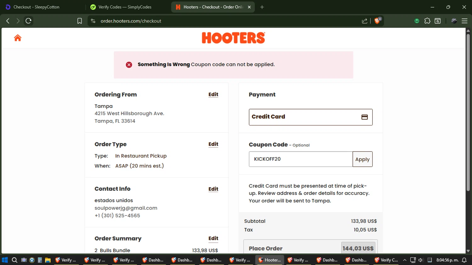 Hooters promo code screenshot showing code KICKOFF20 applied at Hooters checkout page. Uploaded by SimplyCodes community member JhonatanGomez on Dec 28, 2025