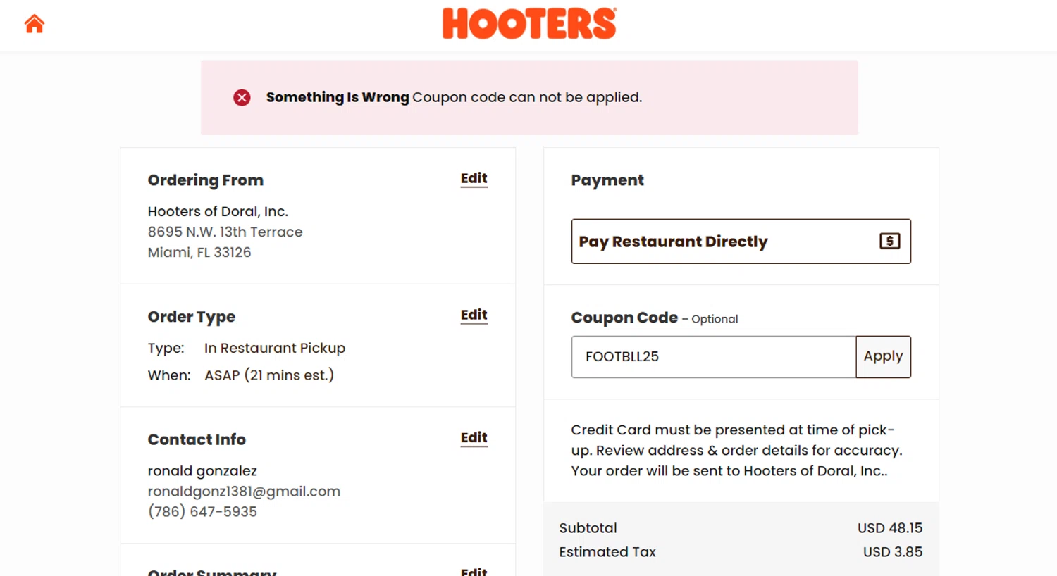 Hooters promo code screenshot showing code FOOTBLL25 applied at Hooters checkout page. Uploaded by SimplyCodes community member SmartSaver7916 on Jan 4, 2026