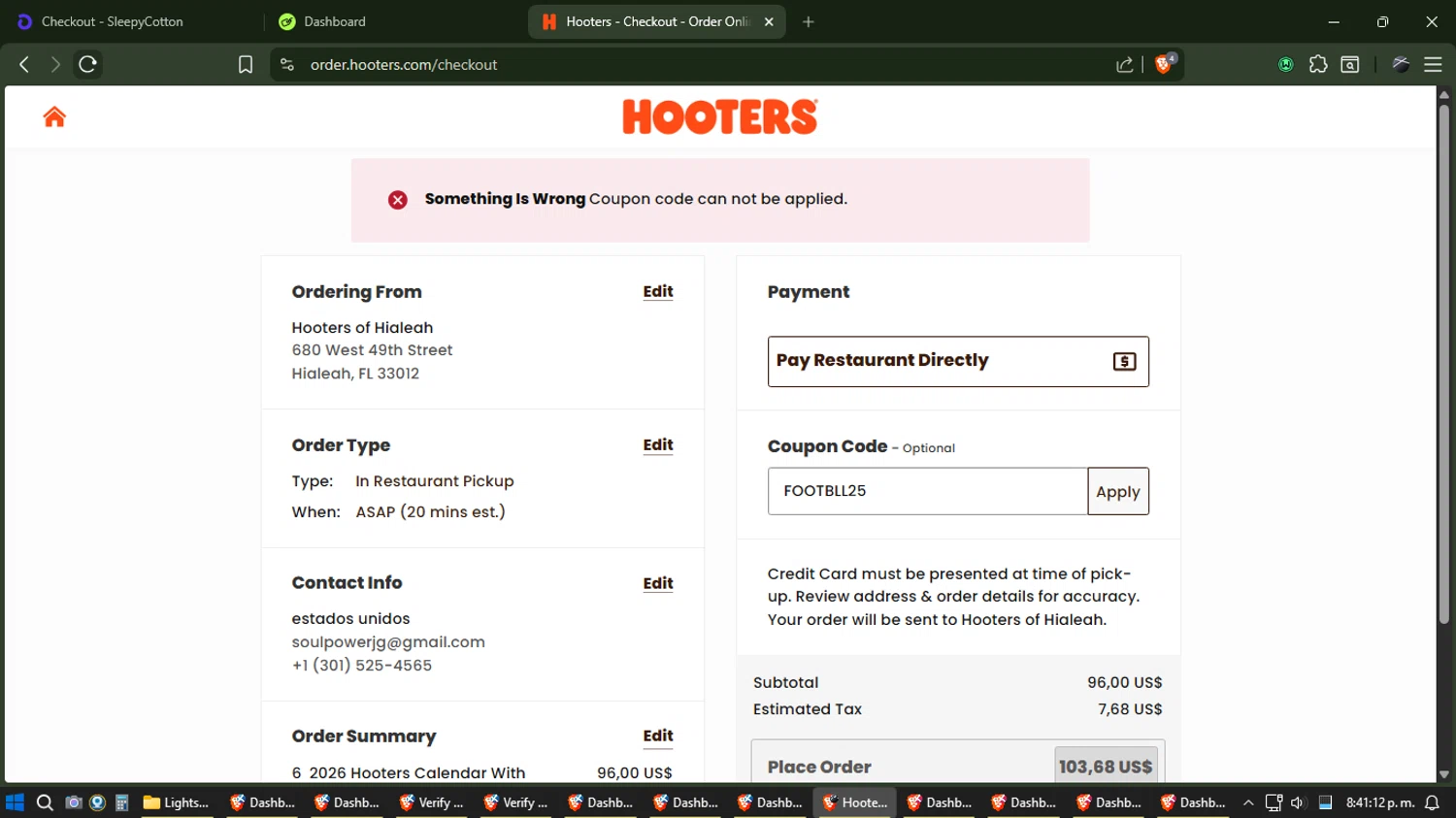 Hooters promo code screenshot showing code FOOTBLL25 applied at Hooters checkout page. Uploaded by SimplyCodes community member ZoilaPerrita on Dec 28, 2025