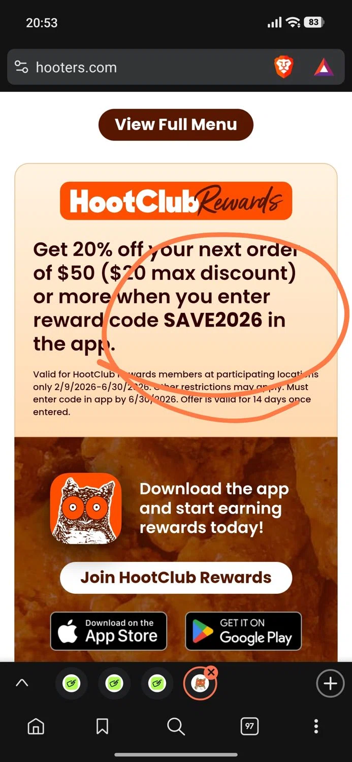 Hooters promo code screenshot showing code SAVE2026 applied at Hooters checkout page. Uploaded by SimplyCodes community member Dejadepicharme on Jun 20, 2026