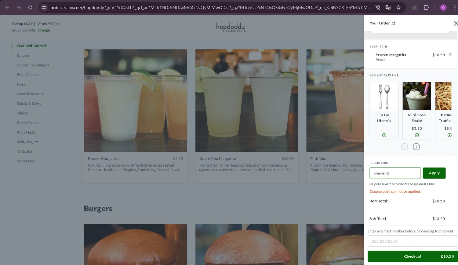 Hopdoddy promo code screenshot showing code weekend applied at Hopdoddy checkout page. Uploaded by SimplyCodes community member oder007 on Mar 17, 2025