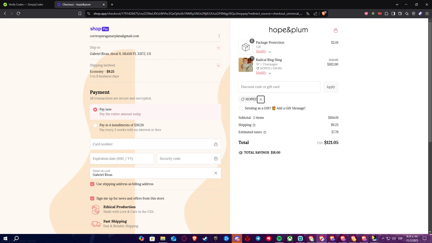 hope&plum promo code screenshot showing code HOPE15 applied at hope&plum checkout page. Uploaded by SimplyCodes community member ElPelao on Feb 21, 2025