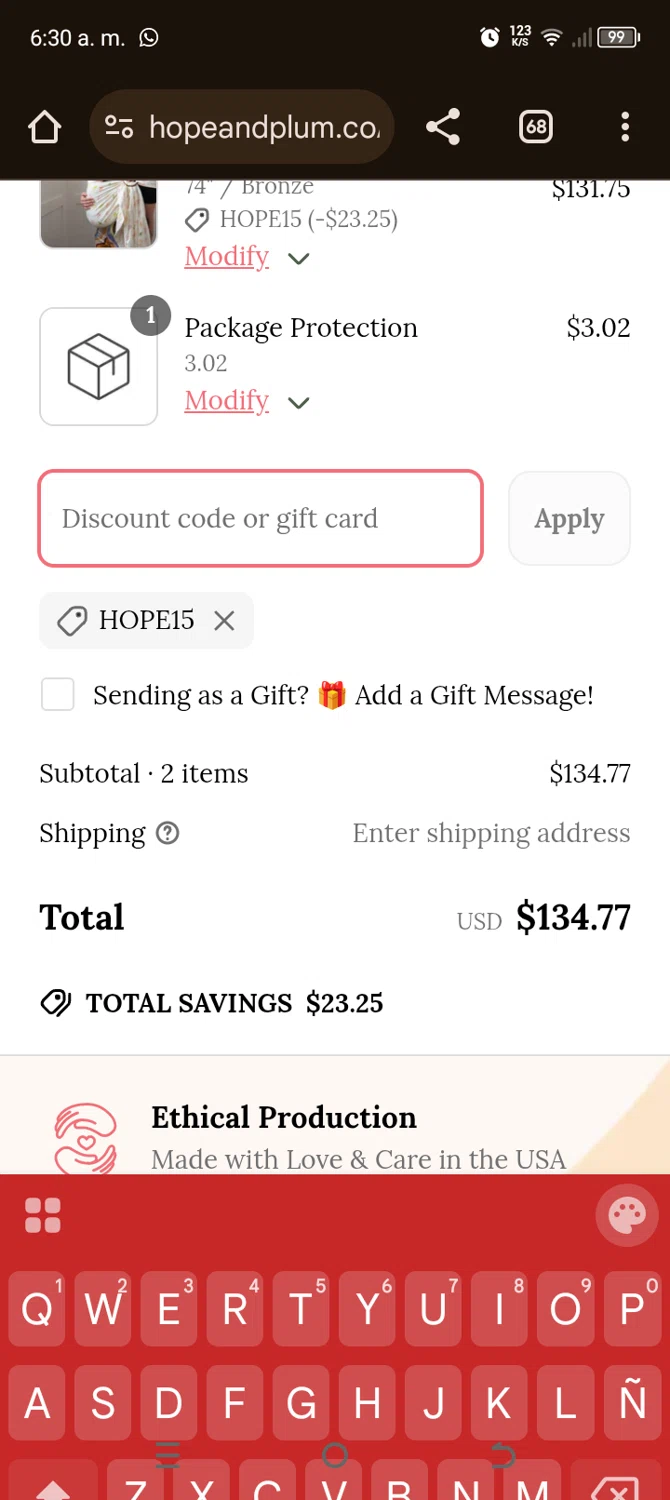 hope&plum promo code screenshot showing code HOPE15 applied at hope&plum checkout page. Uploaded by SimplyCodes community member GoshMitico on Apr 11, 2025