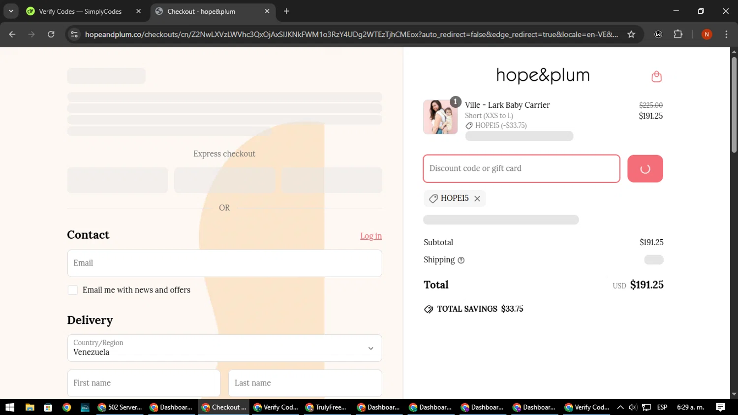 hope&plum promo code screenshot showing code HOPE15 applied at hope&plum checkout page. Uploaded by SimplyCodes community member MagnificentScout194 on Apr 11, 2025