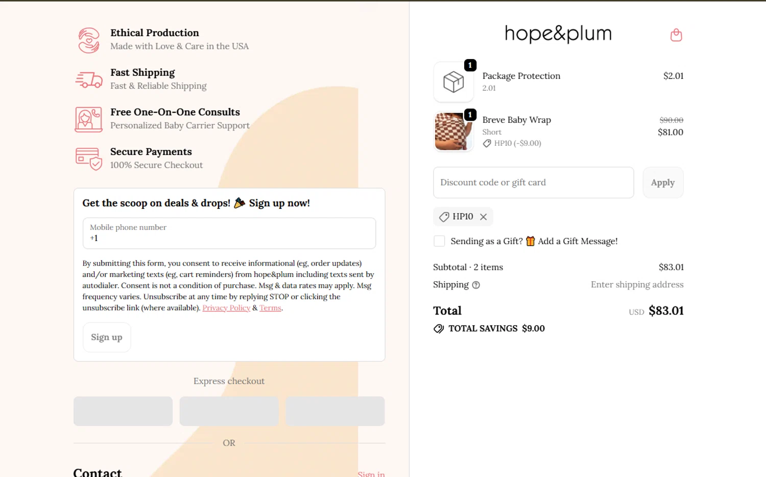 hope&plum promo code screenshot showing code HP10 applied at hope&plum checkout page. Uploaded by SimplyCodes community member VoucherVirtuoso2520 on Oct 1, 2025