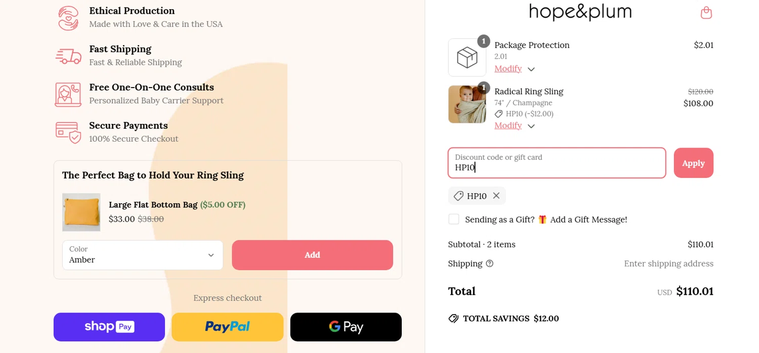hope&plum promo code screenshot showing code HP10 applied at hope&plum checkout page. Uploaded by SimplyCodes community member enzoonova on Mar 22, 2025