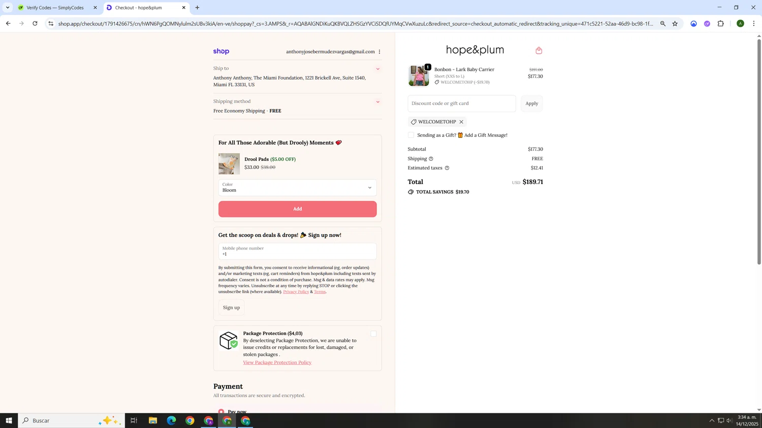 hope&plum promo code screenshot showing code WELCOMETOHP applied at hope&plum checkout page. Uploaded by SimplyCodes community member AnthonyGTX on Dec 14, 2025