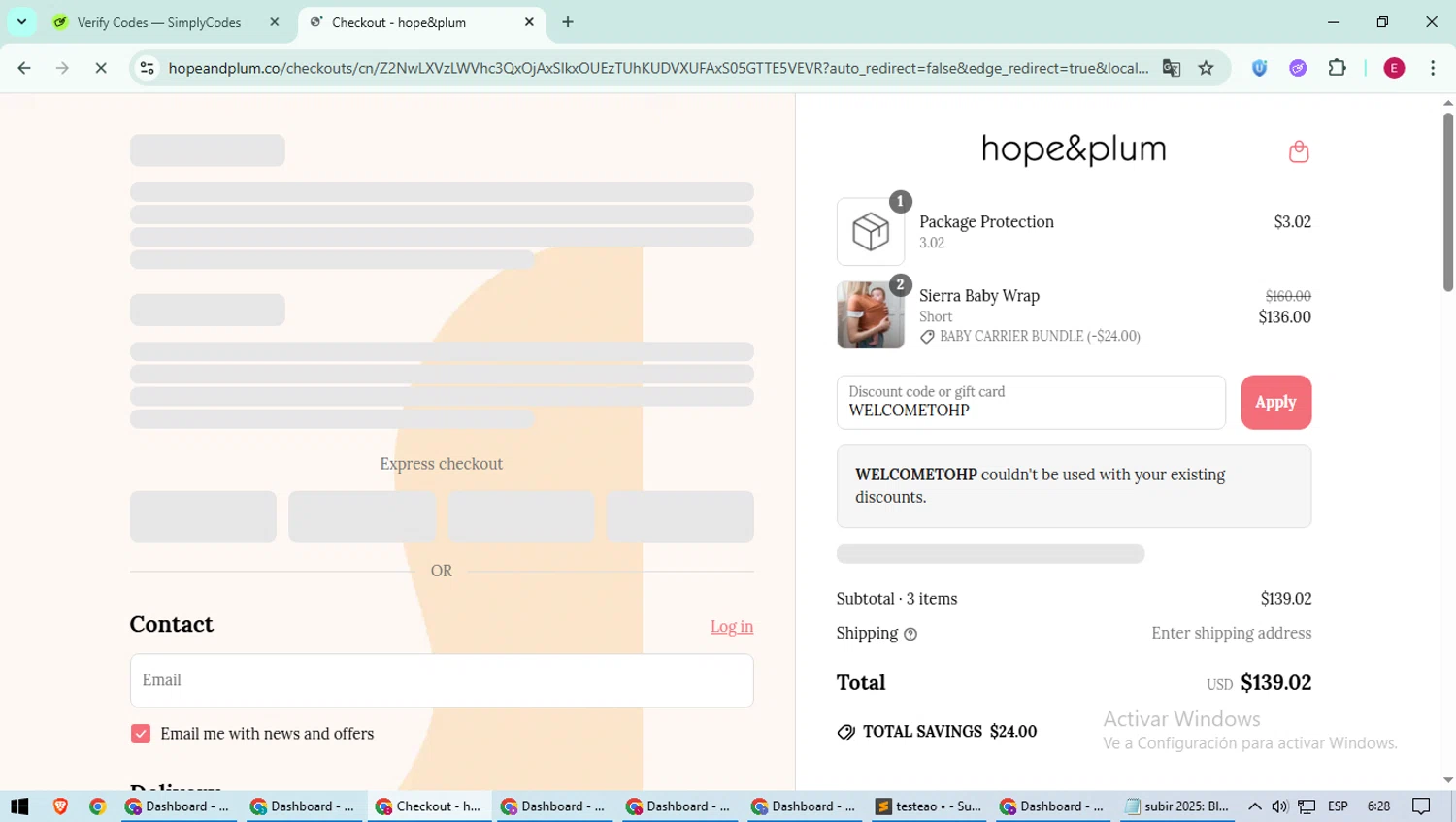 hope&plum promo code screenshot showing code WELCOMETOHP applied at hope&plum checkout page. Uploaded by SimplyCodes community member BrilliantWhiz4434 on Jun 18, 2025