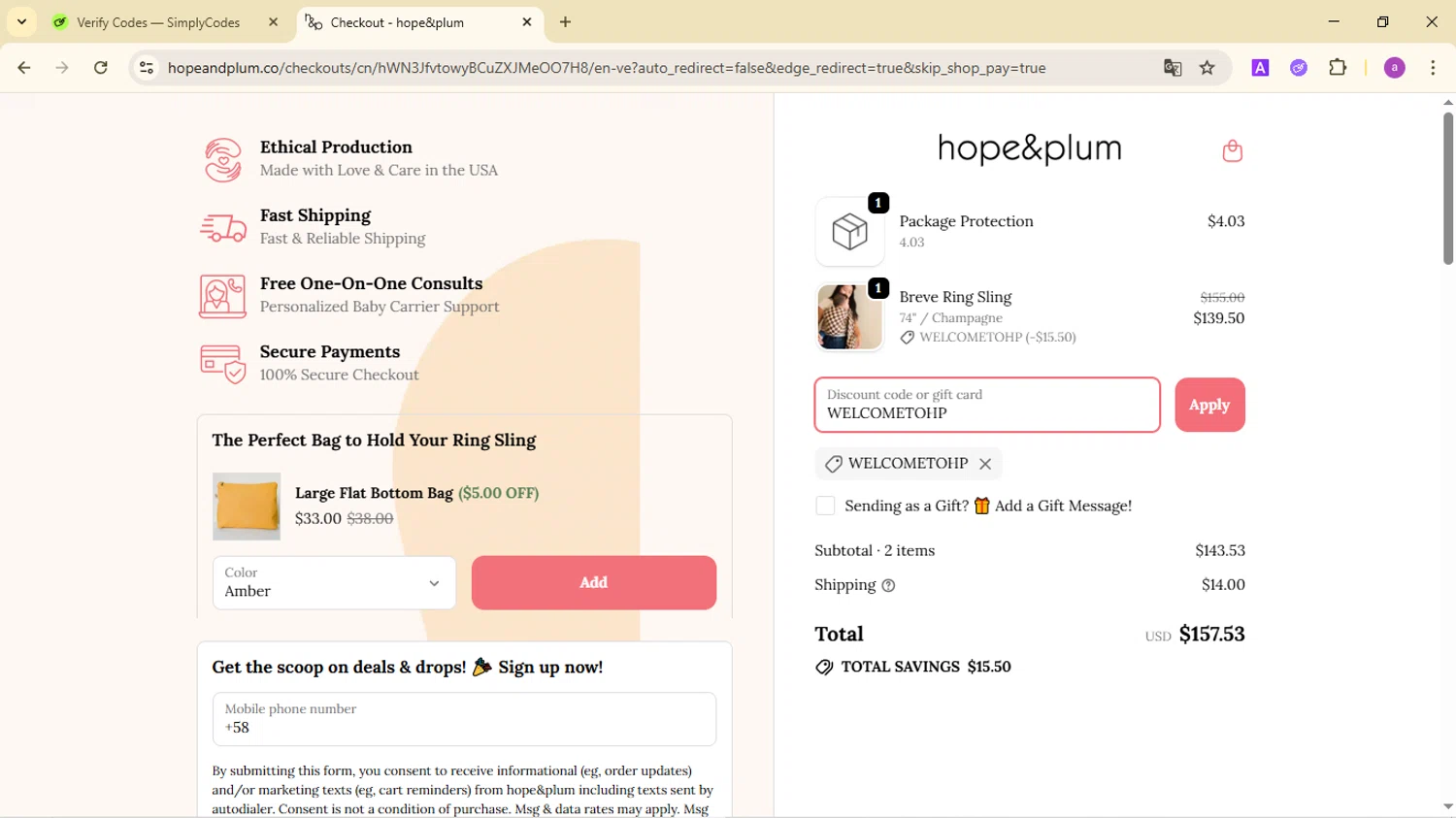 hope&plum promo code screenshot showing code WELCOMETOHP applied at hope&plum checkout page. Uploaded by SimplyCodes community member CodeMaverick246 on Sep 23, 2025