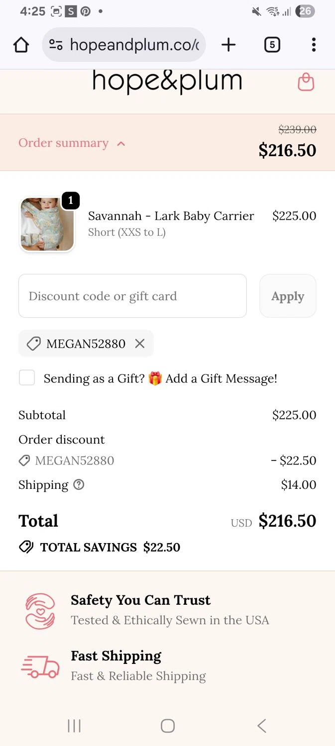 hope&plum promo code screenshot showing code Megan52880 applied at hope&plum checkout page. Uploaded by SimplyCodes community member KarinaHZ on Dec 19, 2025