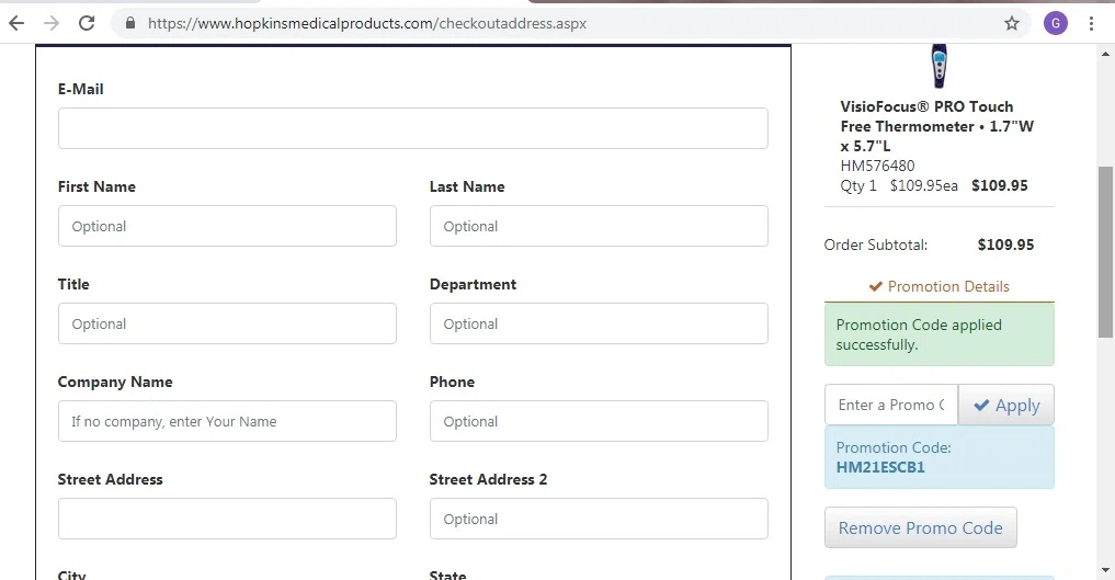 where to use Hopkins Medical Products promo code box