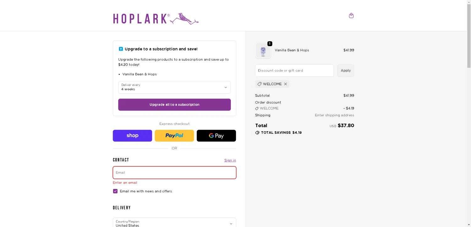 Hoplark discount code screenshot showing code WELCOME applied at Hoplark checkout page. Uploaded by SimplyCodes community member aver_136263192 on Nov 6, 2025