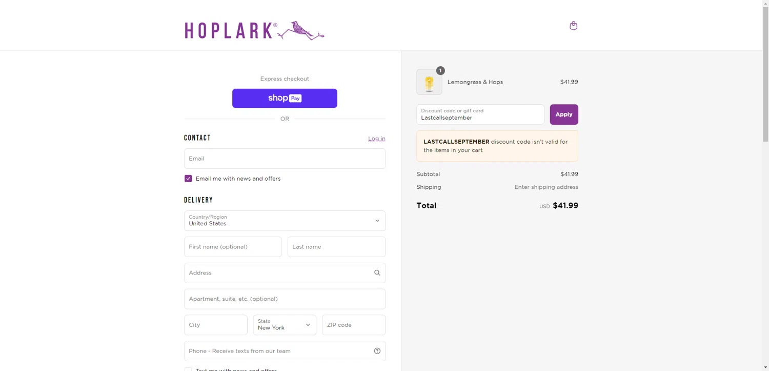 Hoplark discount code screenshot showing code Lastcallseptember applied at Hoplark checkout page. Uploaded by SimplyCodes community member RewardTitan728 on Jun 30, 2025