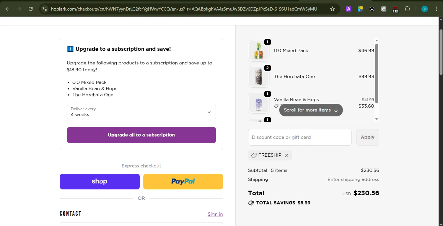 Hoplark discount code screenshot showing code FREESHIP applied at Hoplark checkout page. Uploaded by SimplyCodes community member PrincessCoupon on Jan 24, 2026