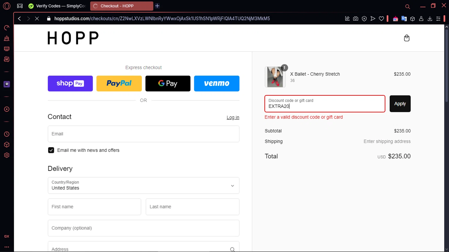 Hopp promo code screenshot showing code EXTRA20 applied at Hopp checkout page. Uploaded by SimplyCodes community member MoneySentinel1166 on Feb 23, 2025