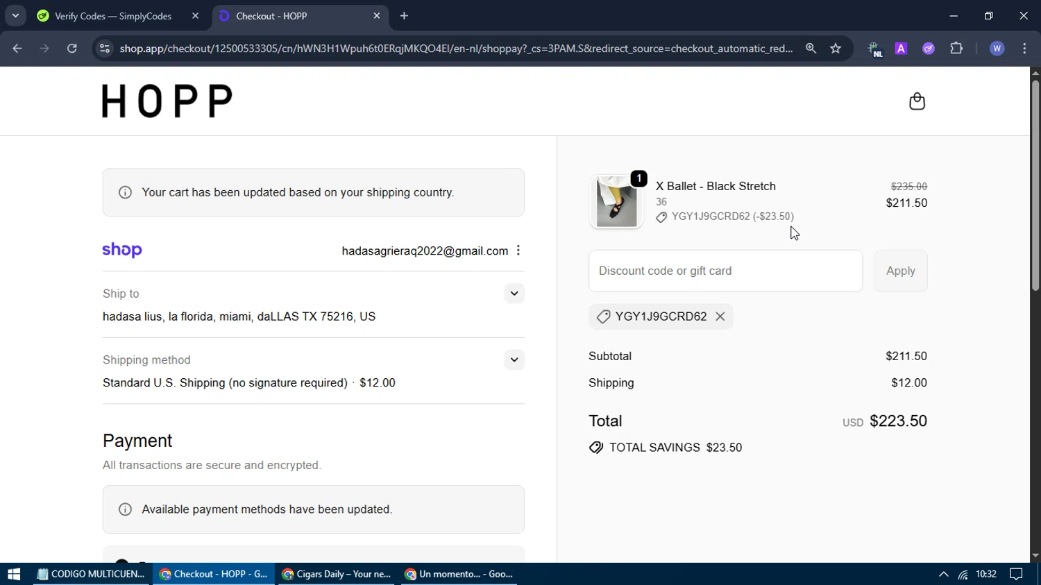 Hopp promo code screenshot showing code YGY1J9GCRD62 applied at Hopp checkout page. Uploaded by SimplyCodes community member WilmarDiax on Sep 22, 2025