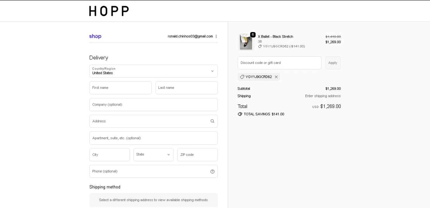 Hopp promo code screenshot showing code YGY1J9GCRD62 applied at Hopp checkout page. Uploaded by SimplyCodes community member BaelorTargaryen on Nov 21, 2025