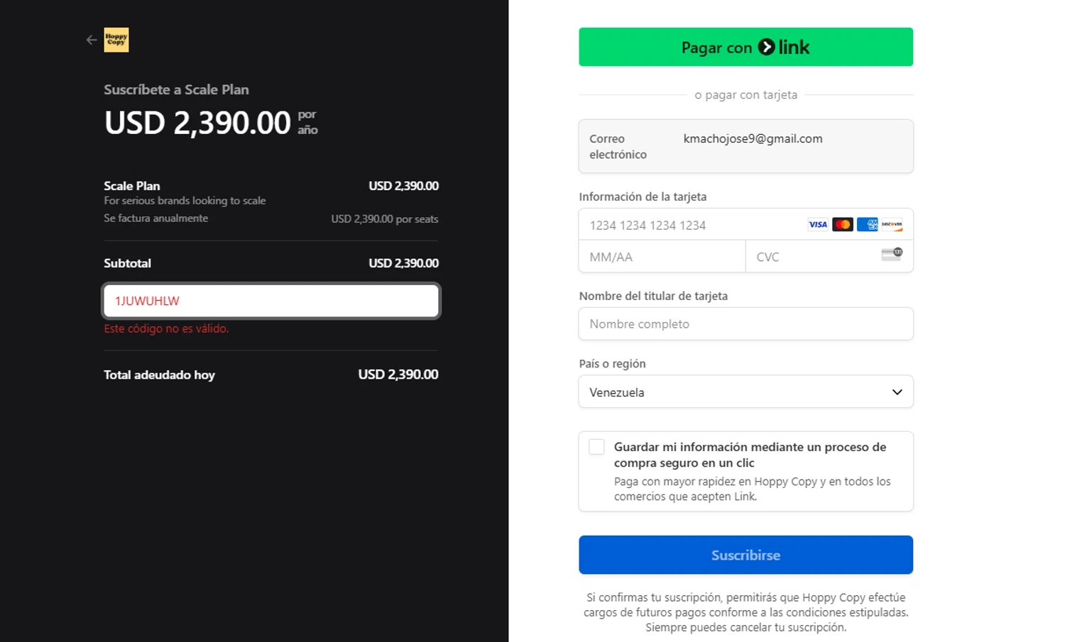 Hoppy Copy promo code screenshot showing code 1JUWUHLW applied at Hoppy Copy checkout page. Uploaded by SimplyCodes community member Culebraparada on Apr 20, 2025