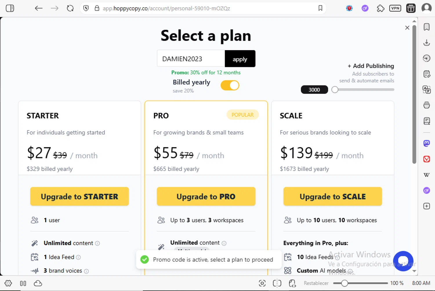 Hoppy Copy promo code screenshot showing code DAMIEN2023 applied at Hoppy Copy checkout page. Uploaded by SimplyCodes community member luissilva2 on Aug 24, 2025