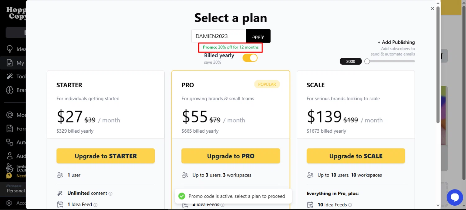 Hoppy Copy promo code screenshot showing code DAMIEN2023 applied at Hoppy Copy checkout page. Uploaded by SimplyCodes community member noworries on Sep 22, 2025