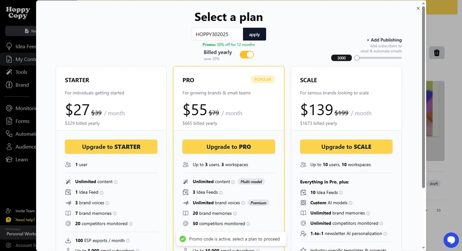 Hoppy Copy promo code screenshot showing code HOPPY302025 applied at Hoppy Copy checkout page. Uploaded by SimplyCodes community member GiornoGiovanna on Sep 20, 2025