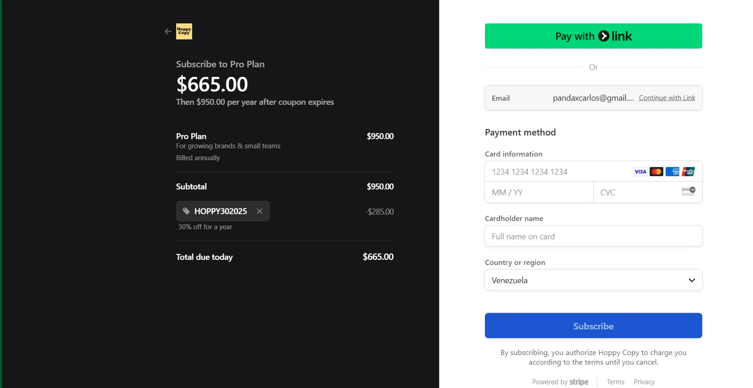 Hoppy Copy checkout page showing Hoppy Copy promo code box | Screenshot taken by SimplyCodes community member on Jul 19, 2025