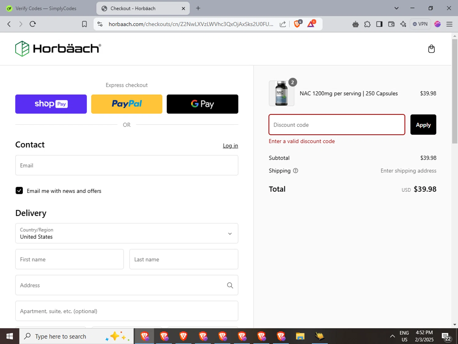 Horbäach promo code screenshot showing code HORBAACH10 applied at Horbäach checkout page. Uploaded by SimplyCodes community member LuckyFinder3550 on Feb 3, 2025