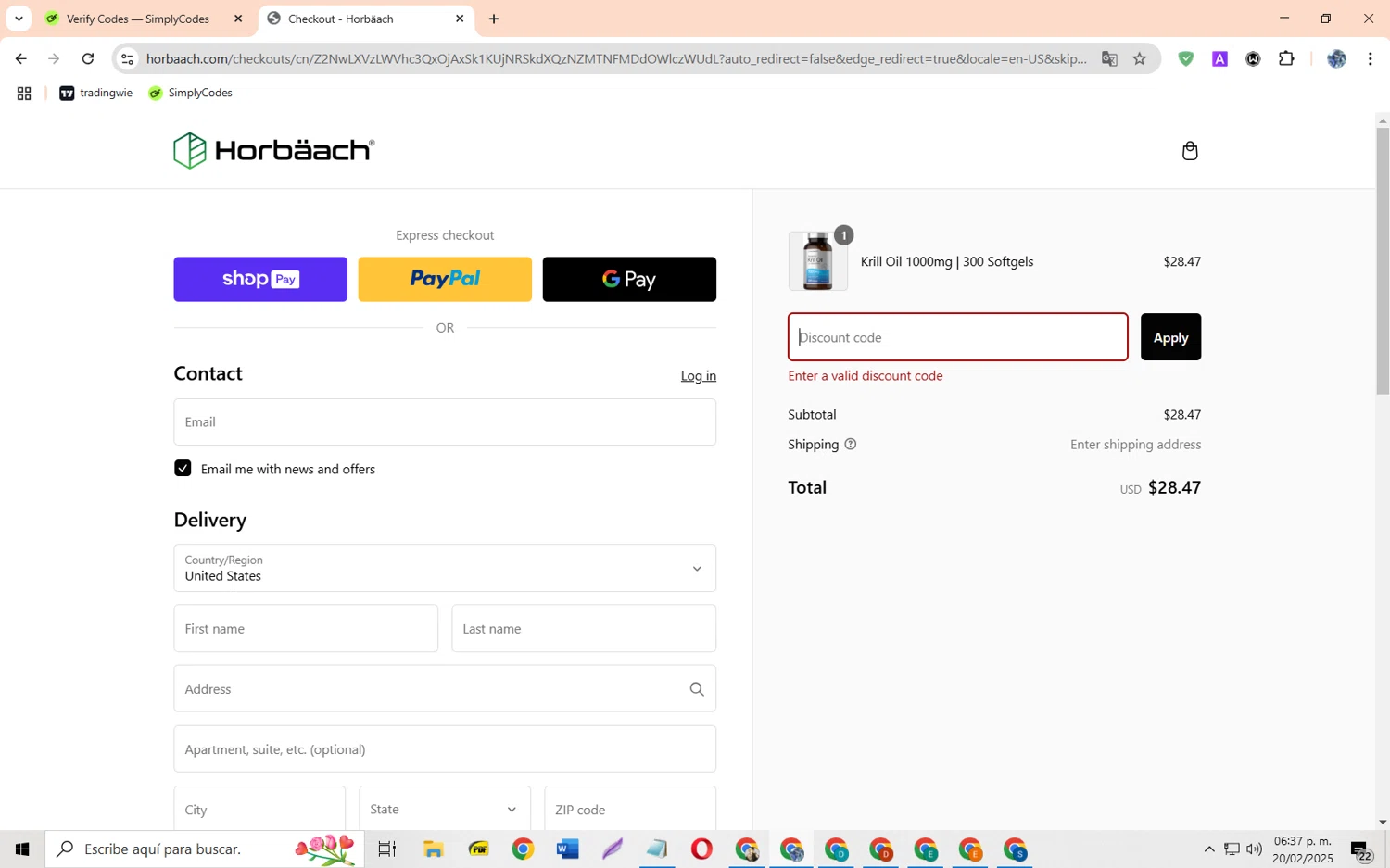 Horbäach promo code screenshot showing code HEART10 applied at Horbäach checkout page. Uploaded by SimplyCodes community member JoseH45 on Feb 20, 2025