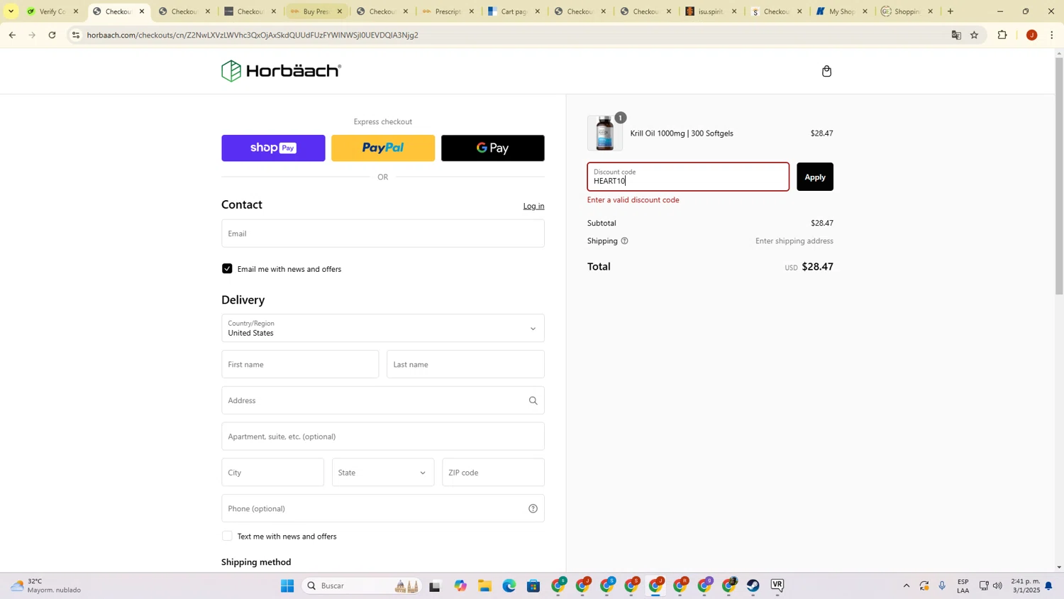 Horbäach promo code screenshot showing code HEART10 applied at Horbäach checkout page. Uploaded by SimplyCodes community member PrimeBoss695 on Jan 3, 2025