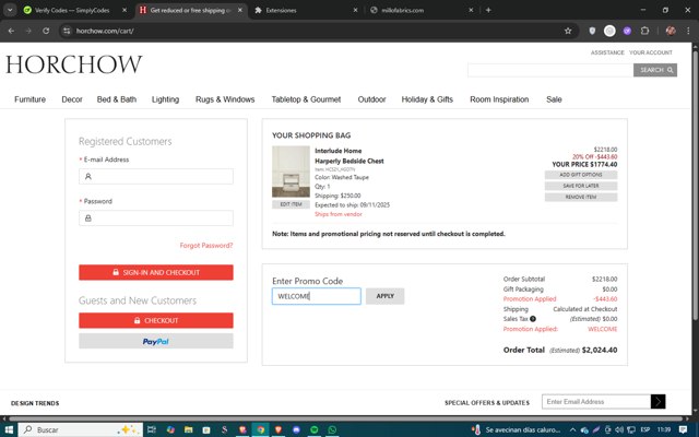 Horchow checkout page showing Horchow promo code box | Screenshot taken by SimplyCodes community member on Jul 18, 2025