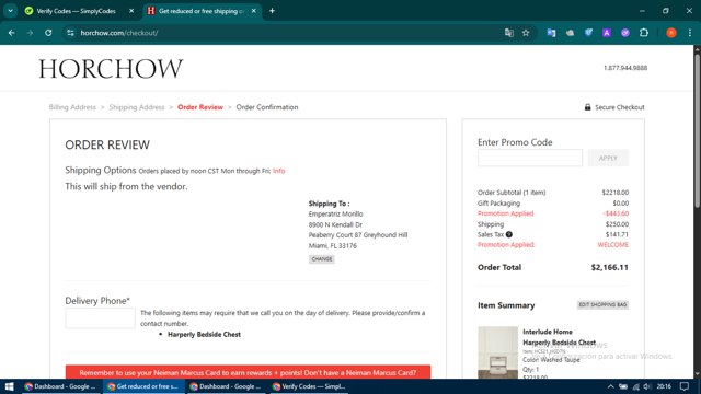 Horchow checkout page showing Horchow promo code box | Screenshot taken by SimplyCodes community member on Jul 12, 2025