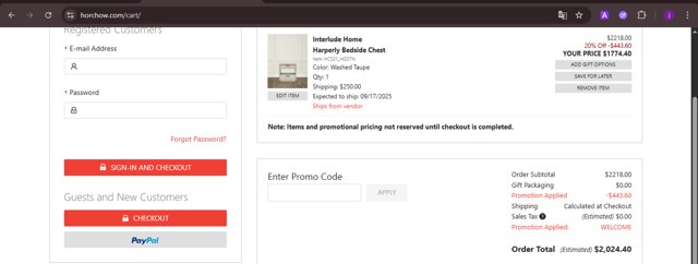 Horchow checkout page showing Horchow promo code box | Screenshot taken by SimplyCodes community member on Jul 24, 2025