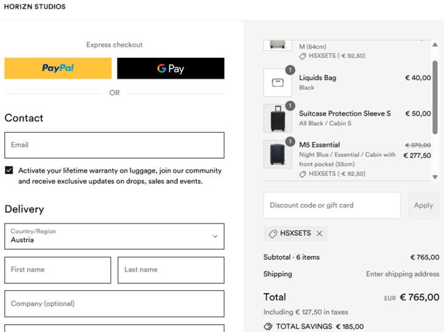 Horizn Studios checkout page showing Horizn Studios discount code box | Screenshot taken by SimplyCodes community member on Aug 11, 2025