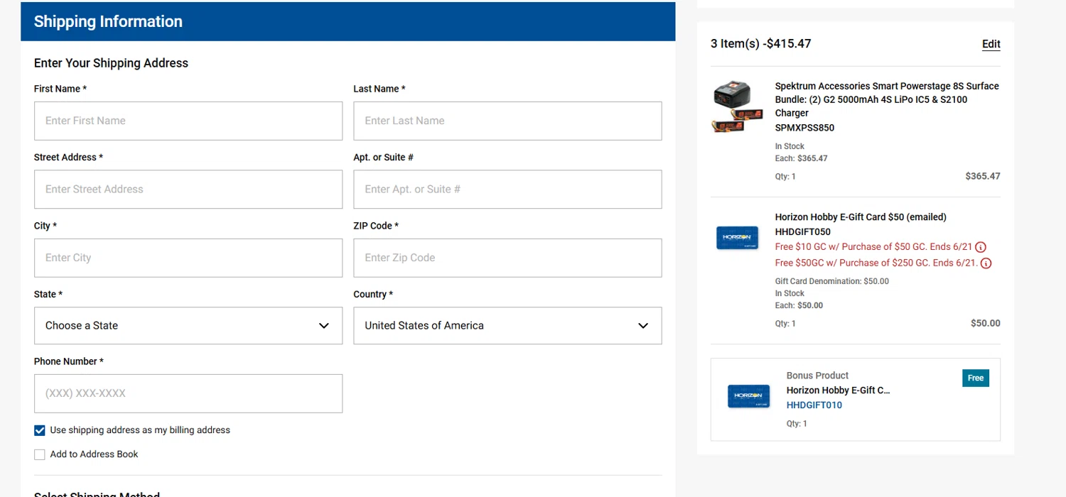Horizon Hobby promo code screenshot showing code HHDGIFT010 applied at Horizon Hobby checkout page. Uploaded by SimplyCodes community member valeriaantonieta on Jun 17, 2026